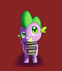 Size: 1218x1400 | Tagged: safe, artist:andromedasparkz, imported from derpibooru, spike, dragon, book, cute, looking at you, male, red background, simple background, smiling, solo, spikabetes