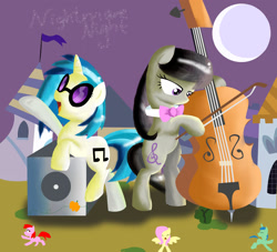 Size: 1752x1592 | Tagged: safe, artist:andromedasparkz, imported from derpibooru, dj pon-3, fluttershy, octavia melody, vinyl scratch, earth pony, pegasus, unicorn, cello, female, mare, moon, musical instrument