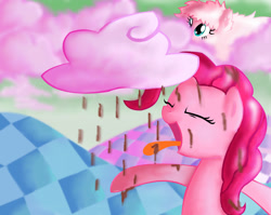 Size: 1432x1142 | Tagged: safe, artist:andromedasparkz, imported from derpibooru, pinkie pie, oc, oc:fluffle puff, earth pony, chaos, chocolate, chocolate rain, cloud, cotton candy, cotton candy cloud, discorded landscape, female, food, mare, rain, tongue out