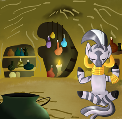 Size: 810x788 | Tagged: safe, artist:andromedasparkz, imported from derpibooru, zecora, zebra, candle, cauldron, female, solo, zecora's hut