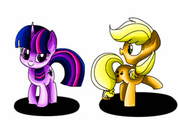 Size: 1024x768 | Tagged: safe, artist:andromedasparkz, imported from derpibooru, applejack, twilight sparkle, earth pony, unicorn, female, mare, missing accessory, simple background, unicorn twilight, white background