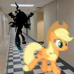 Size: 2376x2376 | Tagged: safe, imported from derpibooru, applejack, queen chrysalis, changeling, changeling queen, earth pony, pony, female, indoors, meme, running, silhouette