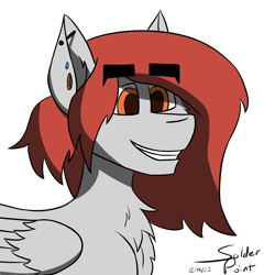 Size: 1000x1000 | Tagged: safe, artist:solder point, imported from derpibooru, oc, oc only, oc:scarlett lane, pegasus, pony, cel shading, cheek fluff, chest fluff, ear fluff, ear piercing, earring, eyebrows, eyebrows visible through hair, grey fur, happy, industrial piercing, jewelry, male, pegasus oc, piercing, red mane, shading, signature, simple background, smiling, solo, stallion, thick eyebrows, transparent background, wings