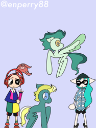 Size: 3000x4000 | Tagged: safe, artist:enperry88, imported from derpibooru, end zone, ocarina green, earth pony, inkling, pegasus, pony, aloha shirt, cap, clothes, collaboration, crossover, dadfoot sandals, devil horn (gesture), flip-flops, flying, friendship student, gesture, hat, headphones, inkling girl, looking at each other, looking at someone, octoling, octoling girl, rugby shirt, sandals, shirt, shoes, simple background, sky blue background, splatoon, splatoon 3, spread wings, wings
