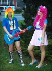 Size: 600x818 | Tagged: safe, artist:daseh, artist:pinkiekler, imported from derpibooru, pinkie pie, rainbow dash, human, equestria girls, clothes, cosplay, costume, electric guitar, guitar, irl, irl human, multicolored hair, musical instrument, photo, rainbow hair