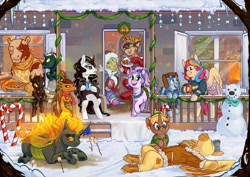 Size: 2048x1448 | Tagged: artist needed, safe, imported from derpibooru, oc, oc:copper chip, oc:golden gates, oc:silver span, changeling, dragon, kirin, pegasus, unicorn, bell, bell collar, candy, candy cane, chocolate, christmas, christmas stocking, christmas tree, christmas wreath, clothes, collar, fire, fireplace, food, holiday, hot chocolate, marshmallow, pie, scarf, snow, snowman, tree, window, wreath