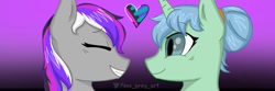 Size: 1080x360 | Tagged: safe, artist:foxx_grey_art, imported from derpibooru, oc, oc only, oc:star flower, pegasus, pony, unicorn, commission, duo, duo female, female, gradient background, heart, horn, mare, pegasus oc, simple background, smiling, unicorn oc, wings, ych example, ych result, your character here