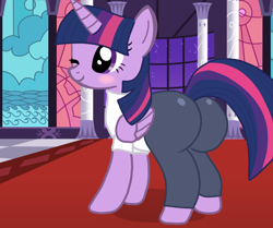 Size: 1198x1000 | Tagged: safe, anonymous artist, imported from derpibooru, twilight sparkle, alicorn, pony, blushing, butt, canterlot, female, folded wings, large butt, one eye closed, plot, shadow, show accurate, solo, twibutt, twilight sparkle (alicorn), wings, wink