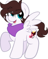 Size: 1548x1911 | Tagged: safe, artist:saveraedae, imported from derpibooru, oc, oc only, oc:markpony, pegasus, pony, derpibooru community collaboration, 2023 community collab, bandana, full body, male, ponified, raised hoof, simple background, solo, tail, the mark side, transparent background