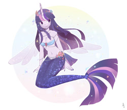 Size: 2000x1728 | Tagged: safe, artist:hosikawa, imported from derpibooru, twilight sparkle, mermaid, abstract background, bare shoulders, female, flower, flower in hair, horn, jewelry, mermaidized, necklace, pearl, pearl necklace, simple background, sleeveless, solo, species swap