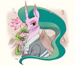 Size: 2536x2228 | Tagged: safe, artist:hosikawa, imported from derpibooru, mistmane, pony, unicorn, abstract background, bust, clothes, female, flower, horn, japanese, lotus (flower), mare, mountain, solo