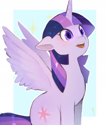 Size: 2200x2600 | Tagged: safe, artist:hosikawa, imported from derpibooru, twilight sparkle, alicorn, pony, abstract background, female, floppy ears, horn, mare, open mouth, simple background, sitting, solo, sparkles, spread wings, twilight sparkle (alicorn), white background, wings