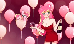 Size: 2048x1219 | Tagged: safe, artist:kittyrosie, imported from derpibooru, oc, oc only, oc:rosa flame, human, pony, unicorn, :i, absolute cleavage, alcohol, balloon, bare shoulders, birthday, breasts, champagne, champagne glass, cleavage, clothes, dress, grin, happy birthday, jewelry, necklace, self paradox, self ponidox, shrunken pupils, sleeveless, smiling, strapless, wine