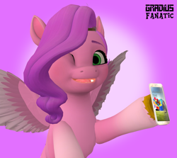 Size: 2155x1920 | Tagged: safe, artist:gradiusfanatic, imported from derpibooru, pipp petals, pegasus, pony, 3d, adorapipp, cellphone, cute, female, g5, hoof hold, one eye closed, phone, raised hoof, samsung, samsung galaxy s4, smartphone, source filmmaker, wink