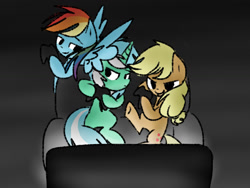 Size: 1024x768 | Tagged: safe, artist:andromedasparkz, imported from derpibooru, applejack, lyra heartstrings, rainbow dash, earth pony, pegasus, pony, unicorn, controller, couch, female, gaming, mare, missing accessory, television