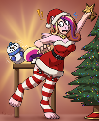 Size: 1044x1280 | Tagged: safe, artist:metallicumbrage, imported from derpibooru, part of a set, princess cadance, alicorn, anthro, unguligrade anthro, bare shoulders, breasts, busty princess cadance, christmas, christmas tree, clothes, cookie, cookie jar, exclamation point, food, hat, holiday, human to pony, jewelry, male to female, necklace, oops, part of a series, reaching, rule 63, santa hat, socks, solo, stockings, stretching, striped socks, sweat, sweatdrops, tail, thigh highs, this will end in little crackly pieces, tight clothing, tiptoe, toes, transformation, transgender, tree, wide eyes