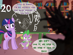 Size: 1440x1080 | Tagged: safe, artist:andoanimalia, artist:bronybyexception, artist:demigod-spike, artist:estories, artist:misteraibo, artist:oxinfree, artist:spyro4287, artist:tardifice, artist:twilightpoint, imported from derpibooru, scootaloo, spike, twilight sparkle, bird, demon, dragon, duck, pony, turkey, unicorn, 20, advent calendar, aggressive, book, bookshelf, broken, chalk, chalk drawing, chalkboard, clenched fist, creature, damaged, danger, dragonfire, drake, female, fire, fist, golden oaks library, hellspawn, indoors, laboratory, male, mare, monster, pinpoint eyes, scared, shadow, shrunken pupils, speech bubble, standing, text, turducken, twilight's lab, unknown creature