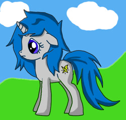 Size: 481x457 | Tagged: safe, artist:thet7770ify, imported from derpibooru, pony, unicorn, blue hair, cloud, female, full body, mare, solo, standing, tail