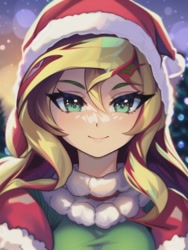 Size: 512x682 | Tagged: safe, editor:sammykun, imported from derpibooru, sunset shimmer, human, ai content, ai generated, beautiful, bust, christmas, clothes, female, generator:novelai, generator:stable diffusion, green eyes, hat, holiday, humanized, looking at you, portrait, santa hat, smiling, smiling at you, solo