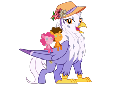 Size: 3722x2572 | Tagged: safe, artist:arcticwindsbases, artist:besttubahorse, artist:idkhesoff, imported from derpibooru, cheese sandwich, pinkie pie, oc, oc only, oc:gerbera, earth pony, hippogriff, pony, derpibooru community collaboration, 2023 community collab, base used, cheesepie, chest fluff, cute, female, flower, hat, hippogriff oc, male, mare, open mouth, plushie, shipping, simple background, solo, stallion, straight, sun hat, transparent background