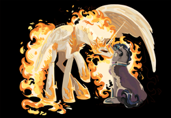 Size: 1443x1000 | Tagged: source needed, safe, artist:coypuppy, idw, imported from derpibooru, daybreaker, king sombra, princess celestia, alicorn, pony, unicorn, reflections, spoiler:comic, black background, celestibra, duo, female, fire, floppy ears, good king sombra, male, shipping, signature, simple background, straight, this will end in snu snu, varying degrees of want, wing umbrella, wings