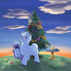 Size: 4096x4096 | Tagged: safe, artist:felldeal, imported from derpibooru, pony, unicorn, series:daily drawing december, alphabittle blossomforth, christmas, christmas tree, cloud, cup, facial hair, flower, food, g5, goatee, holiday, male, smiling, solo, stallion, table, tea, teacup, tree