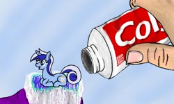 Size: 512x307 | Tagged: safe, artist:thewrightdefense, imported from derpibooru, minuette, human, pony, unicorn, colgate (company), female, full body, lying down, mare, prone, pun, toothbrush, toothpaste