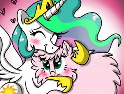 Size: 512x387 | Tagged: safe, artist:scribblehearts, imported from derpibooru, princess celestia, oc, oc:fluffle puff, pony, blushing, duo, eyes closed, female, heart, hug, mare