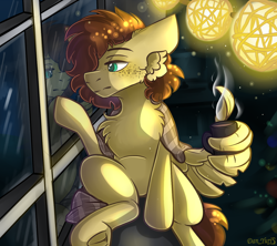 Size: 1336x1189 | Tagged: safe, artist:yuris, imported from derpibooru, oc, oc:yuris, pegasus, pony, christmas, female, food, freckles, garland, happy new year, holiday, new year, night, plaid, reflection, room, sadness, sitting, solo, tea, window, winter