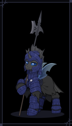 Size: 1523x2681 | Tagged: safe, artist:dipfanken, imported from derpibooru, oc, oc only, oc:captain black lotus, changeling, armor, black background, changeling armor, changeling oc, convincing armor, halberd, looking at you, simple background, solo, weapon