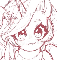 Size: 649x687 | Tagged: safe, artist:potetecyu_to, imported from derpibooru, izzy moonbow, pony, unicorn, bust, female, g5, looking at you, mare, monochrome, sketch, smiling, smiling at you, snow, snowflake, solo