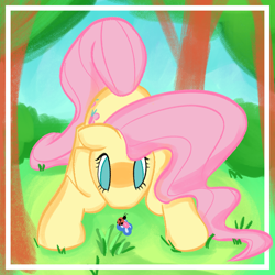 Size: 2000x2000 | Tagged: safe, artist:e_doodlesnstuff, imported from derpibooru, fluttershy, insect, ladybug, pegasus, pony, crouching, female, floppy ears, flower, grass, high res, looking at something, looking down, mare, no pupils, outdoors, solo, tree