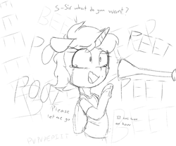 Size: 600x500 | Tagged: safe, artist:cherro, imported from derpibooru, oc, oc only, pony, unicorn, crying, dialogue, female, monochrome, musical instrument, trumpet