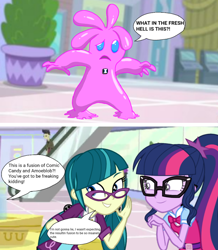 Size: 1080x1241 | Tagged: safe, edit, edited screencap, imported from derpibooru, screencap, juniper montage, sci-twi, twilight sparkle, oc, oc:dustin miller, oc:sugar booger, human, original species, equestria girls, ben 10, blue eyes, bubblegum, digital dustin, fanart, food, gum, humanoid, mall, pink, slime, vulgar