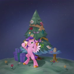 Size: 4096x4096 | Tagged: safe, artist:felldeal, imported from derpibooru, pipp petals, pegasus, pony, series:daily drawing december, adorapipp, bipedal, cellphone, christmas, christmas tree, cup, cute, female, flower, g5, happy, holiday, jewelry, mare, night, one eye closed, open mouth, open smile, phone, present, selfie, smiling, spread wings, table, teacup, that pony sure does love phones, tiara, tree, wings