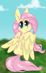 Size: 750x1185 | Tagged: safe, artist:pagophasia, derpibooru exclusive, imported from derpibooru, fluttershy, pegasus, pony, blushing, cloud, colored hooves, cute, daytime, female, frog (hoof), grass, impossibly long eyelashes, looking at you, looking back, looking back at you, raised hoof, shyabetes, sitting, solo, surprised, underhoof, unshorn fetlocks, wings