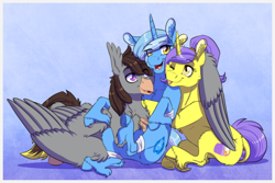 Size: 1772x1181 | Tagged: safe, artist:inuhoshi-to-darkpen, imported from derpibooru, oc, oc only, oc:glacandra, oc:luxor, oc:tulipan, classical hippogriff, hippogriff, unicorn, armband, chest fluff, cute, group hug, hoof fluff, hug, one eye closed, open mouth, ponytail, tongue out