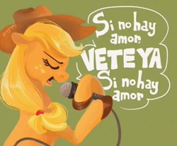 Size: 720x596 | Tagged: safe, artist:coypuppy, imported from derpibooru, applejack, earth pony, pony, eyes closed, female, green background, hoof hold, mare, microphone, simple background, singing, solo, song reference, spanish, translation request