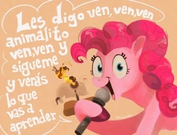 Size: 720x548 | Tagged: safe, artist:coypuppy, imported from derpibooru, boneless, cheese sandwich, pinkie pie, earth pony, pony, beige background, duo, female, hoof hold, male, mare, mechanical bull, microphone, simple background, singing, solo focus, spanish, stallion, translated in the comments