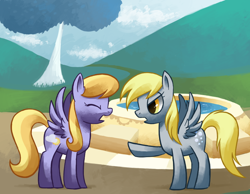 Size: 900x700 | Tagged: source needed, safe, artist:reuniclus, imported from derpibooru, cloud kicker, derpy hooves, pegasus, pony, argument, daytime, duo, duo female, female, fountain, outdoors