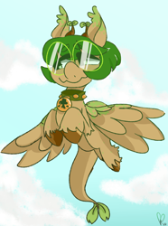 Size: 900x1210 | Tagged: safe, artist:pagophasia, derpibooru exclusive, imported from derpibooru, oc, oc only, oc:hortis culture, hybrid, pony, cloud, collar, daytime, ear tufts, flying, full body, glasses, horns, leaf, nonbinary, round glasses, smiling, solo, unshorn fetlocks, wings