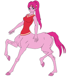 Size: 754x866 | Tagged: safe, alternate version, artist:cdproductions66, artist:nypd, imported from derpibooru, pinkie pie, centaur, monster girl, taur, alternate hairstyle, base used, breasts, buckball uniform, busty pinkie pie, centaur pie, centaurified, clothes, headband, hooves, human head, light blue eyes, long hair, missing cutie mark, pink hair, pinkamena diane pie, ponytail, raised hooves, reasonably sized breasts, shirt, simple background, sleeveless, sleeveless shirt, solo, transparent background, v-neck