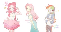 Size: 1300x699 | Tagged: safe, artist:suansuan_33, imported from derpibooru, fluttershy, pinkie pie, rainbow dash, human, equestria girls, bare shoulders, clothes, crossed arms, cutie mark on clothes, female, grin, looking at you, one eye closed, open mouth, open smile, simple background, skirt, smiling, smiling at you, stars, trio, trio female, white background, wink, winking at you