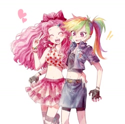 Size: 1300x1292 | Tagged: safe, artist:suansuan_33, imported from derpibooru, pinkie pie, rainbow dash, human, ^^, alternate hairstyle, bare shoulders, belly button, belt, bracelet, clothes, cute, dashabetes, diapinkes, duo, duo female, ear piercing, earring, exclamation point, eyes closed, female, fingerless gloves, gloves, heart, humanized, jewelry, lesbian, mare, midriff, open mouth, open smile, peace sign, piercing, pinkiedash, shipping, simple background, skirt, smiling, sweat, white background