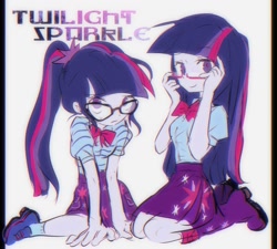 Size: 2007x1808 | Tagged: safe, artist:suansuan_33, imported from derpibooru, sci-twi, twilight sparkle, human, equestria girls, chromatic aberration, clothes, duo, duo female, female, glasses, looking at you, simple background, sitting, skirt, twolight, white background