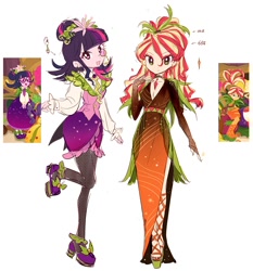 Size: 1860x2000 | Tagged: safe, artist:suansuan_33, imported from derpibooru, screencap, sci-twi, sunset shimmer, twilight sparkle, human, equestria girls, equestria girls series, holidays unwrapped, spoiler:eqg series (season 2), chinese, clothes, cornucopia costumes, duo, duo female, female, looking at you, o come all ye squashful, open mouth, open smile, screencap reference, simple background, smiling, smiling at you, white background