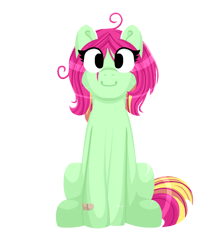 Size: 1347x1545 | Tagged: safe, artist:lindasaurie, derpibooru exclusive, imported from derpibooru, oc, oc only, oc:strawi dinosaur, earth pony, pony, derpibooru community collaboration, 2023 community collab, bandaid, earth pony oc, eye clipping through hair, female, lineless, mare, ponysona, simple background, sitting, smiling, solo, transparent background