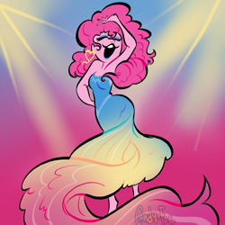 Size: 2000x2000 | Tagged: safe, artist:carconutty, imported from derpibooru, pinkie pie, human, equestria girls, alternate hairstyle, armpits, bare shoulders, barefoot, clothes, dancing, dress, ear piercing, earring, eyes closed, eyeshadow, feet, female, jewelry, makeup, open mouth, piercing, sleeveless, solo, strapless