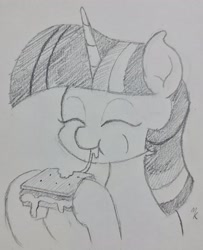 Size: 1659x2048 | Tagged: safe, artist:mkogwheel, imported from derpibooru, twilight sparkle, pony, unicorn, bust, cute, eating, female, grayscale, hoof hold, mare, monochrome, pencil drawing, s'mores, smiling, solo, traditional art, twiabetes, unicorn twilight