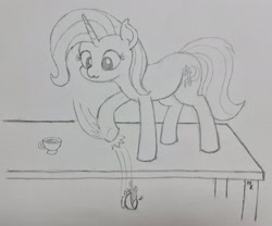 Size: 2048x1708 | Tagged: safe, artist:mkogwheel, imported from derpibooru, trixie, pony, unicorn, :3, behaving like a cat, cup, female, grayscale, inconvenient trixie, mare, monochrome, pencil drawing, solo, table, teacup, that pony sure does love teacups, traditional art